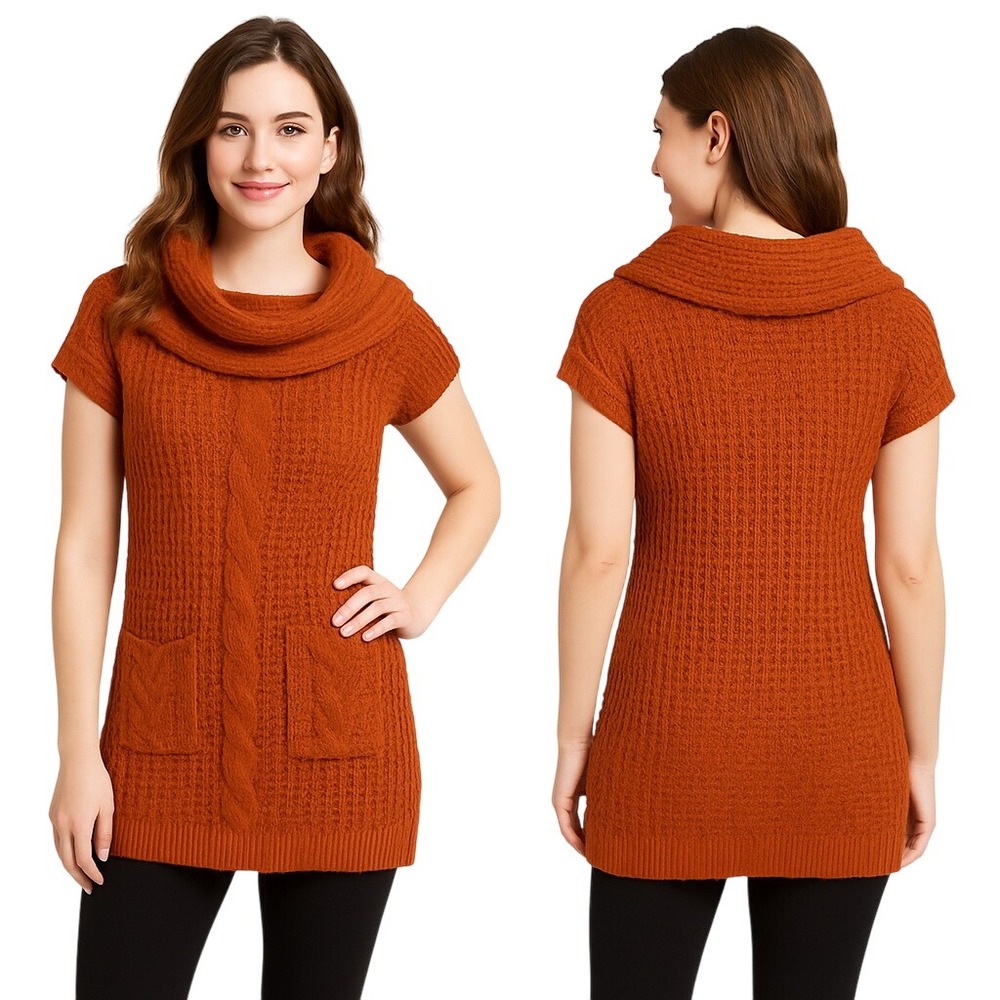 Orange‎ Fashion Village Sweater M Orange Cowl Neck Tunic Dress Cable Knit New